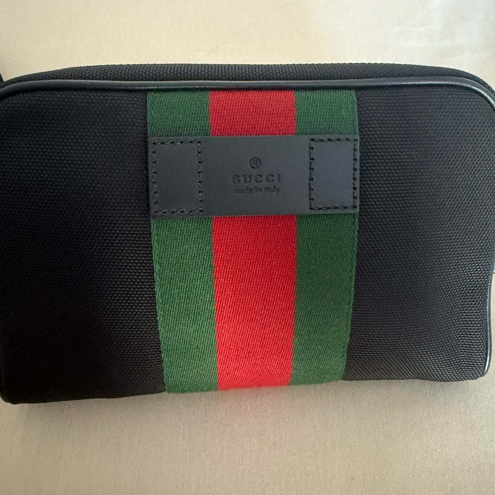 Gucci Black Toiletry Bag with Red and Green Stripe